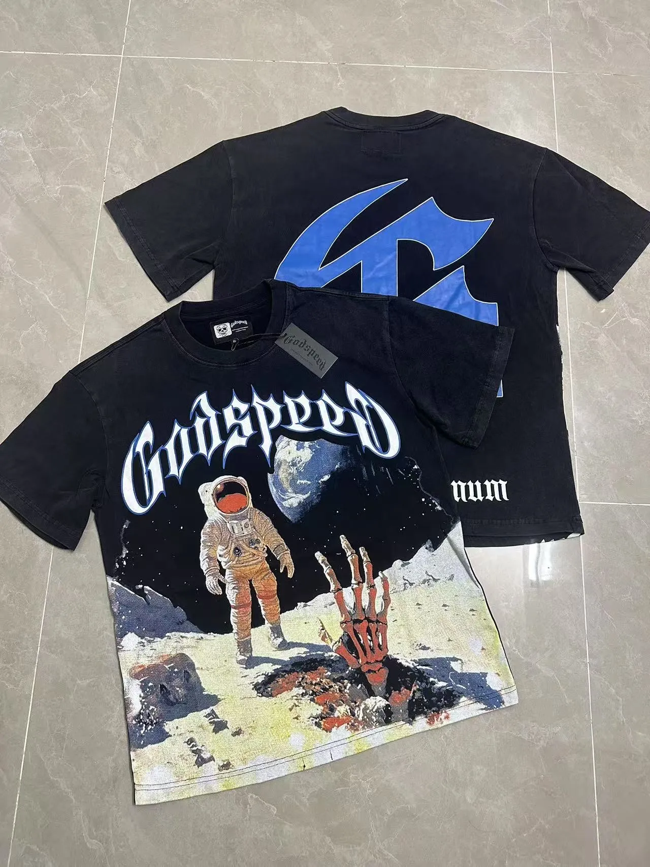 6109# washed black I P116 Godspeed cross-border American rock and roll street washed retro style short-sleeved T (craft printing) fabric (fabric): 32 count combed double yarn 250 grams weight code number (size): S-M-L-XL color (colour): washed black
