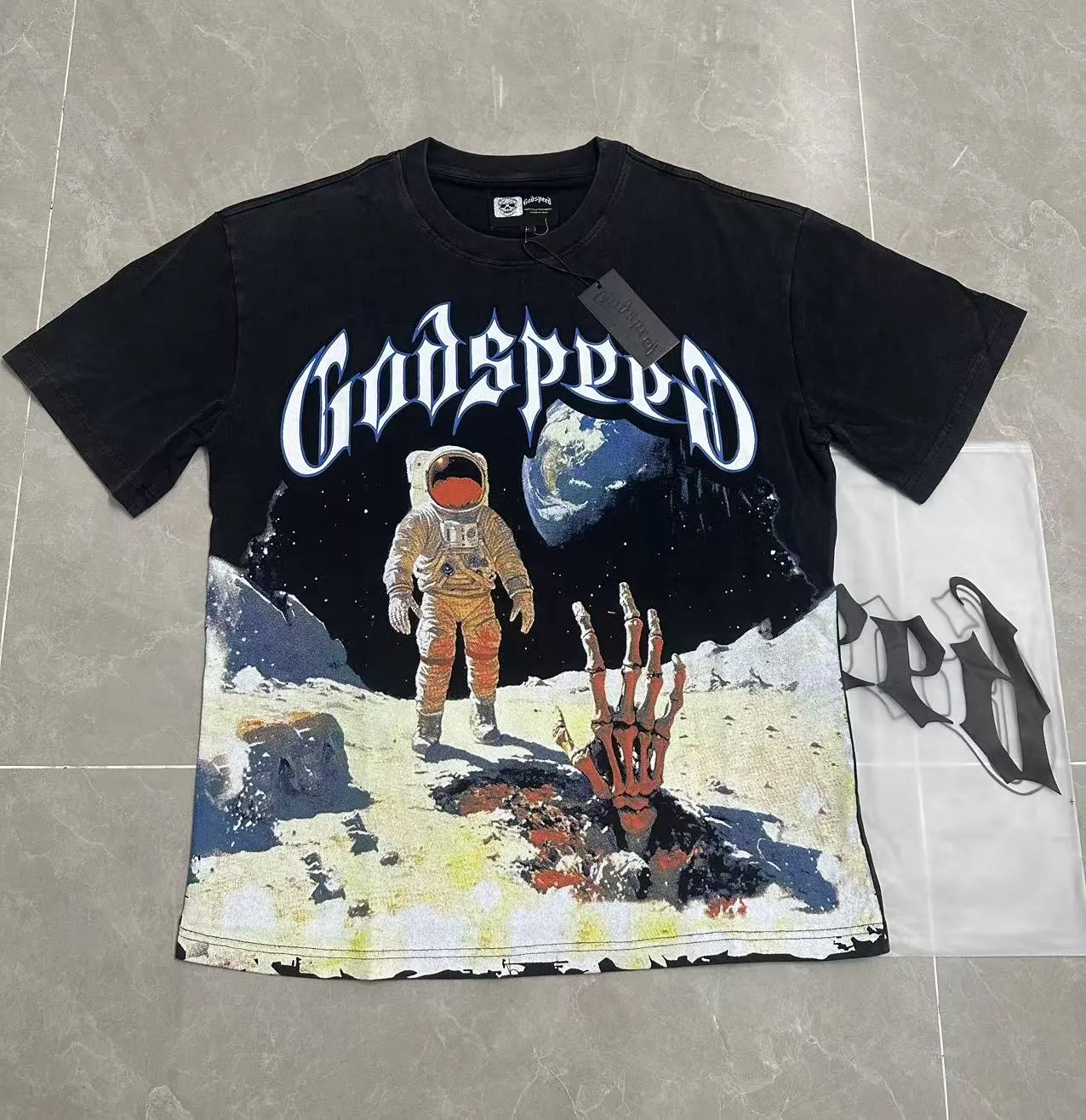 6109# washed black I P116 Godspeed cross-border American rock and roll street washed retro style short-sleeved T (craft printing) fabric (fabric): 32 count combed double yarn 250 grams weight code number (size): S-M-L-XL color (colour): washed black