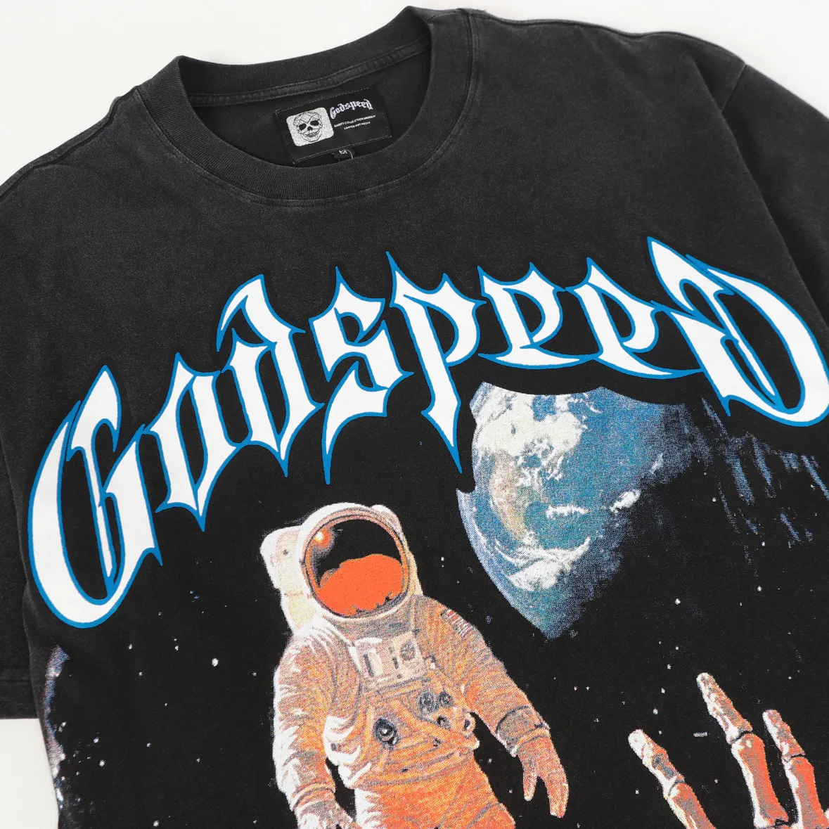 6109# washed black I P116 Godspeed cross-border American rock and roll street washed retro style short-sleeved T (craft printing) fabric (fabric): 32 count combed double yarn 250 grams weight code number (size): S-M-L-XL color (colour): washed black
