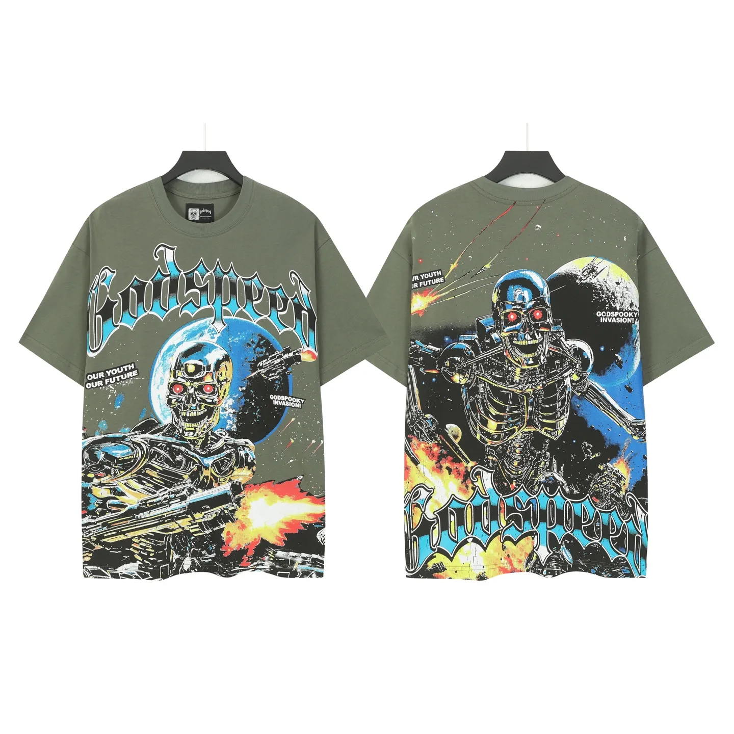 5101#Army Green｜P106 Godspeed cross-border American rock and roll street washed retro style short-sleeved T (craft printing) fabric (fabric) 32 counts combed double yarn 240 grams weight code number (size): S-M-L-XL color (colour): military green 👉