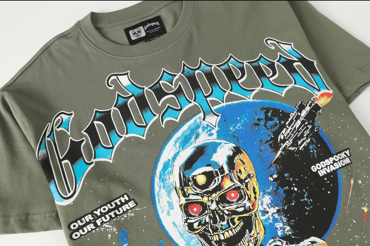 5101#Army Green｜P106 Godspeed cross-border American rock and roll street washed retro style short-sleeved T (craft printing) fabric (fabric) 32 counts combed double yarn 240 grams weight code number (size): S-M-L-XL color (colour): military green 👉