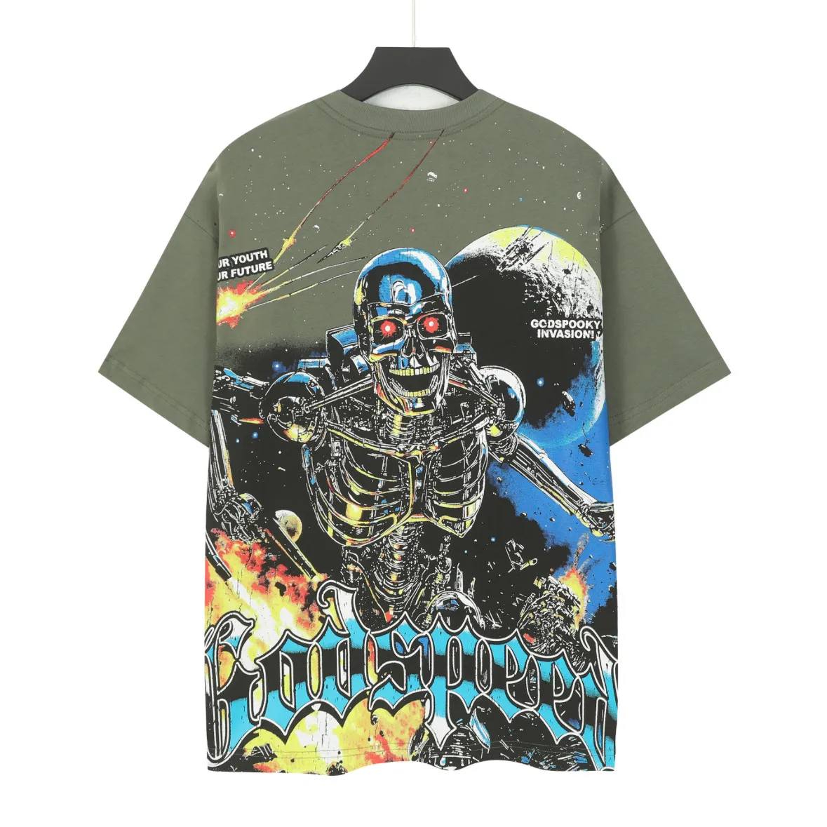 5101#Army Green｜P106 Godspeed cross-border American rock and roll street washed retro style short-sleeved T (craft printing) fabric (fabric) 32 counts combed double yarn 240 grams weight code number (size): S-M-L-XL color (colour): military green 👉