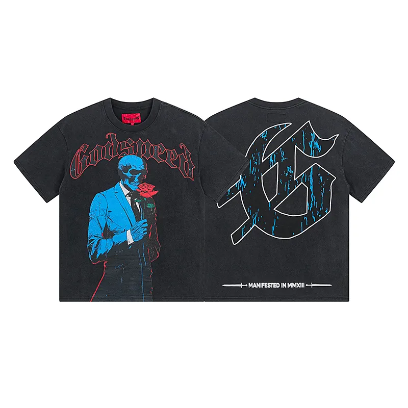 1028# P126 Washed Black Real Shot Godspeed American Fashion Rock Street Retro Washed Distressed Printed Pure Cotton Short Sleeves Fabric: 250g 32 Count Fine Cotton Double Yarn Pure Cotton Color: Washed Black Size: S M L XL