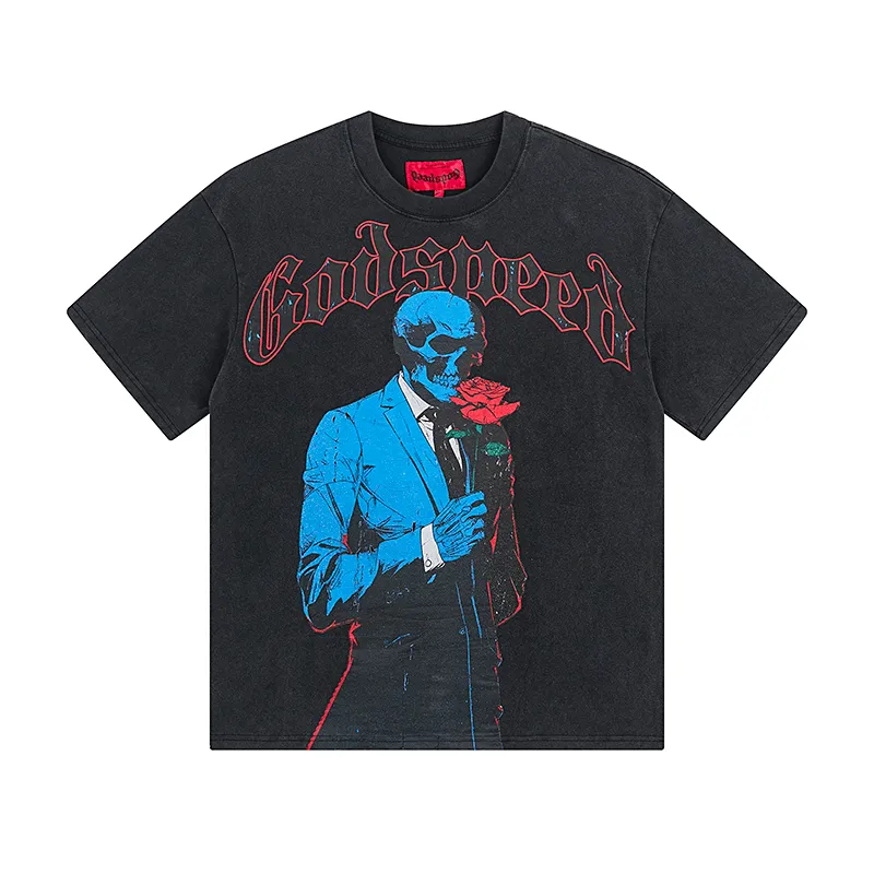 1028# P126 Washed Black Real Shot Godspeed American Fashion Rock Street Retro Washed Distressed Printed Pure Cotton Short Sleeves Fabric: 250g 32 Count Fine Cotton Double Yarn Pure Cotton Color: Washed Black Size: S M L XL