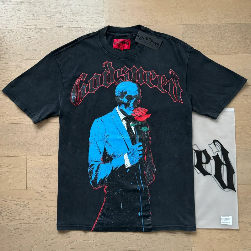 1028# P126 Washed Black Real Shot Godspeed American Fashion Rock Street Retro Washed Distressed Printed Pure Cotton Short Sleeves Fabric: 250g 32 Count Fine Cotton Double Yarn Pure Cotton Color: Washed Black Size: S M L XL
