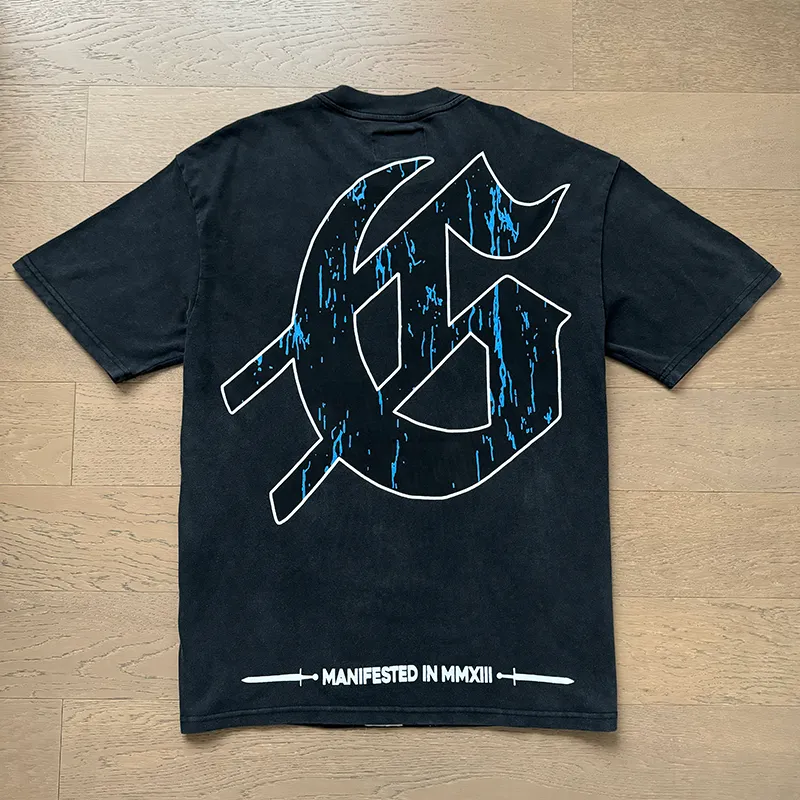 1028# P126 Washed Black Real Shot Godspeed American Fashion Rock Street Retro Washed Distressed Printed Pure Cotton Short Sleeves Fabric: 250g 32 Count Fine Cotton Double Yarn Pure Cotton Color: Washed Black Size: S M L XL