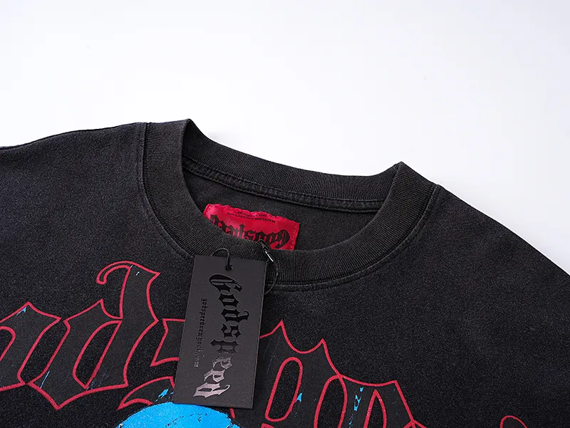 1028# P126 Washed Black Real Shot Godspeed American Fashion Rock Street Retro Washed Distressed Printed Pure Cotton Short Sleeves Fabric: 250g 32 Count Fine Cotton Double Yarn Pure Cotton Color: Washed Black Size: S M L XL