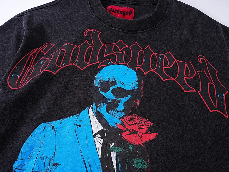 1028# P126 Washed Black Real Shot Godspeed American Fashion Rock Street Retro Washed Distressed Printed Pure Cotton Short Sleeves Fabric: 250g 32 Count Fine Cotton Double Yarn Pure Cotton Color: Washed Black Size: S M L XL