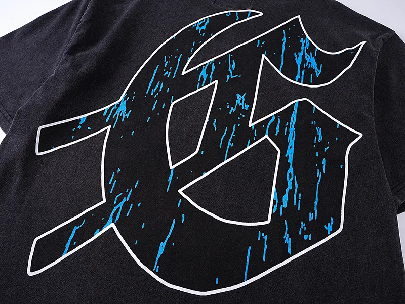 1028# P126 Washed Black Real Shot Godspeed American Fashion Rock Street Retro Washed Distressed Printed Pure Cotton Short Sleeves Fabric: 250g 32 Count Fine Cotton Double Yarn Pure Cotton Color: Washed Black Size: S M L XL