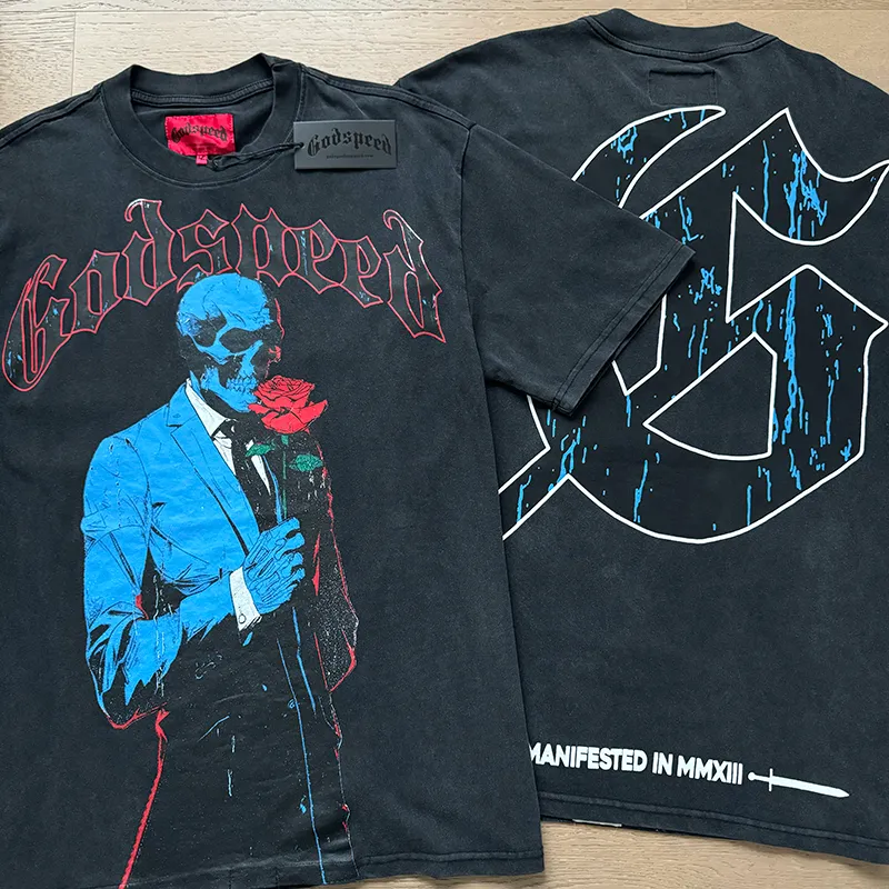 1028# P126 Washed Black Real Shot Godspeed American Fashion Rock Street Retro Washed Distressed Printed Pure Cotton Short Sleeves Fabric: 250g 32 Count Fine Cotton Double Yarn Pure Cotton Color: Washed Black Size: S M L XL