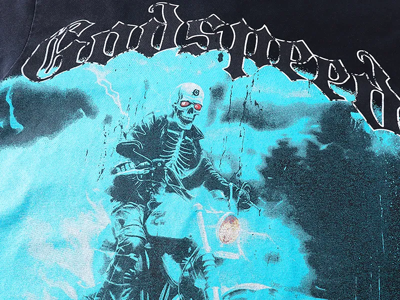 1073# P126 Washed Black Real Shot Godspeed American Fashion Rock Street Retro Washed Distressed Printed Cotton Short Sleeves Fabric: 250g 32 Count Fine Cotton Double Yarn Pure Cotton Color: Washed Black Size: S M L XL