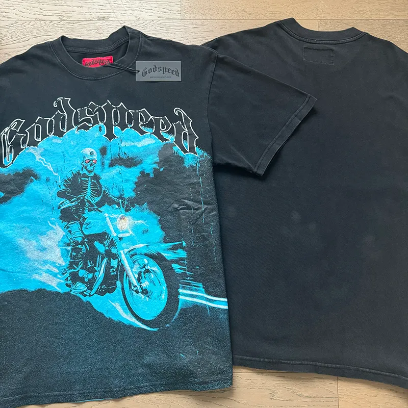 1073# P126 Washed Black Real Shot Godspeed American Fashion Rock Street Retro Washed Distressed Printed Cotton Short Sleeves Fabric: 250g 32 Count Fine Cotton Double Yarn Pure Cotton Color: Washed Black Size: S M L XL