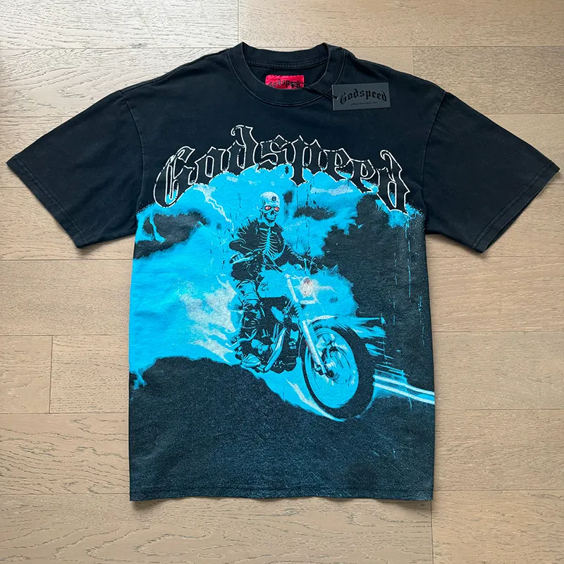 1073# P126 Washed Black Real Shot Godspeed American Fashion Rock Street Retro Washed Distressed Printed Cotton Short Sleeves Fabric: 250g 32 Count Fine Cotton Double Yarn Pure Cotton Color: Washed Black Size: S M L XL