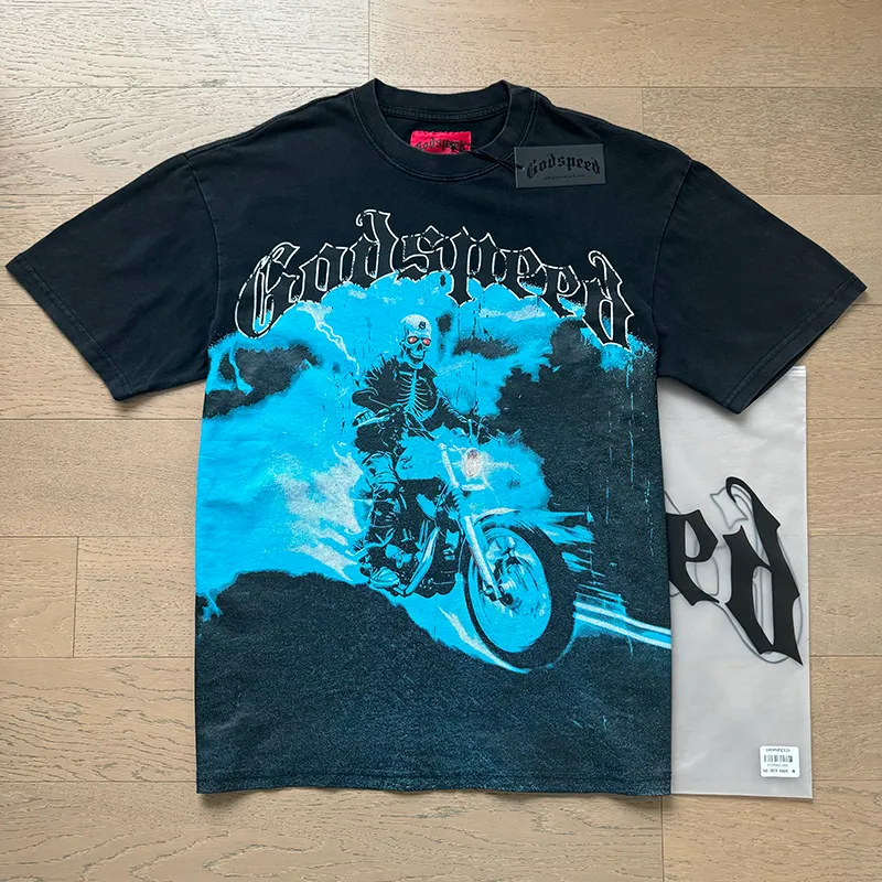 1073# P126 Washed Black Real Shot Godspeed American Fashion Rock Street Retro Washed Distressed Printed Cotton Short Sleeves Fabric: 250g 32 Count Fine Cotton Double Yarn Pure Cotton Color: Washed Black Size: S M L XL