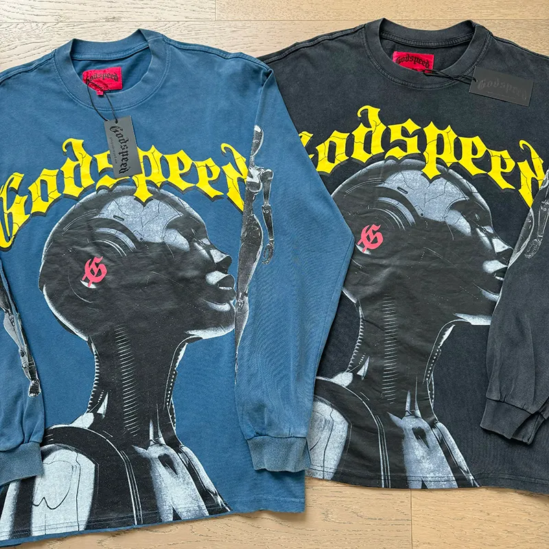 1096# P160 Washed Style Real Shot Godspeed American Fashion Rock Street Retro Washed Distressed Printed Pure Cotton Short Sleeves Fabric: 270g 32 Count Fine Cotton Double Yarn Pure Cotton Color: Washed Black Washed Blue Code Number: S M L XL