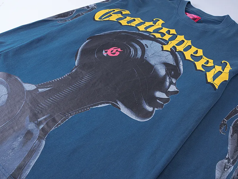 1096# P160 Washed Style Real Shot Godspeed American Fashion Rock Street Retro Washed Distressed Printed Pure Cotton Short Sleeves Fabric: 270g 32 Count Fine Cotton Double Yarn Pure Cotton Color: Washed Black Washed Blue Code Number: S M L XL