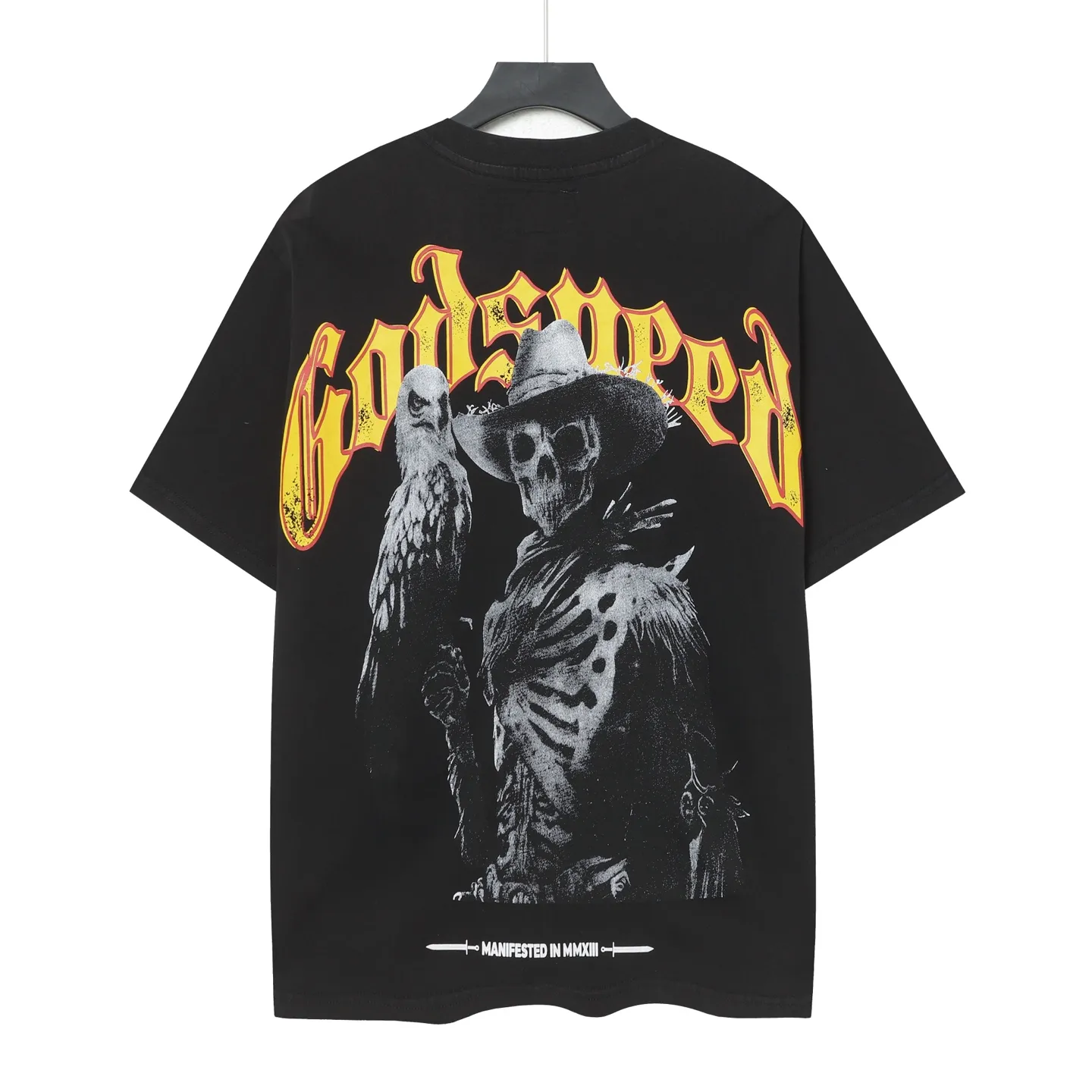 6065# washed black I P116 Godspeed cross-border American rock and roll street washed retro style short-sleeved T (craft printing) fabric (fabric): 32 count combed double yarn 250 grams weight size (size): S-M-L-XL color (colour): washed black 👉 👉