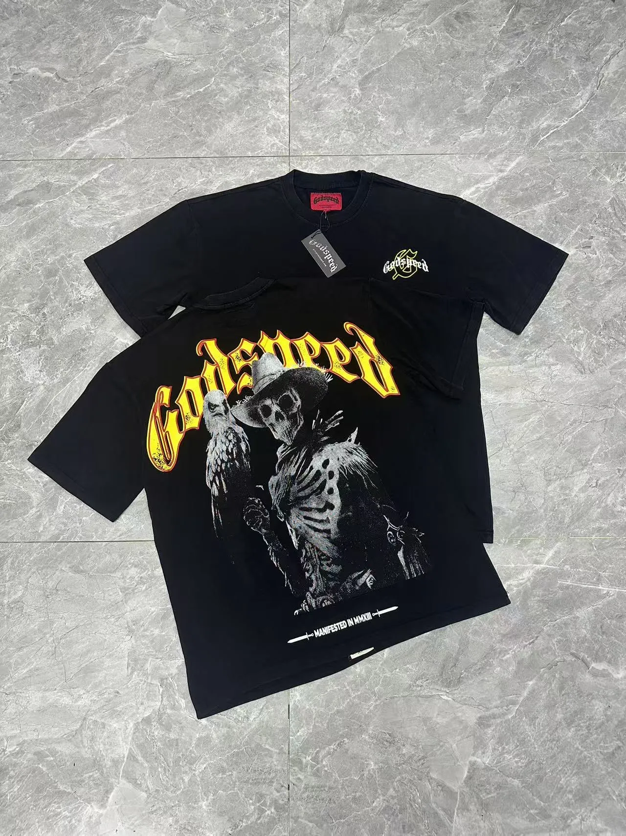 6065# washed black I P116 Godspeed cross-border American rock and roll street washed retro style short-sleeved T (craft printing) fabric (fabric): 32 count combed double yarn 250 grams weight size (size): S-M-L-XL color (colour): washed black 👉 👉