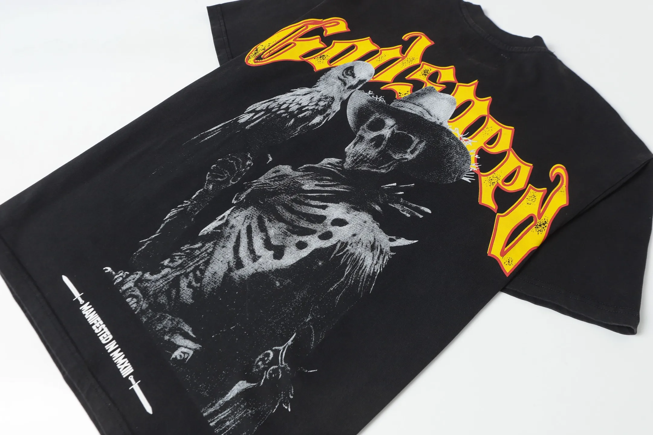 6065# washed black I P116 Godspeed cross-border American rock and roll street washed retro style short-sleeved T (craft printing) fabric (fabric): 32 count combed double yarn 250 grams weight size (size): S-M-L-XL color (colour): washed black 👉 👉