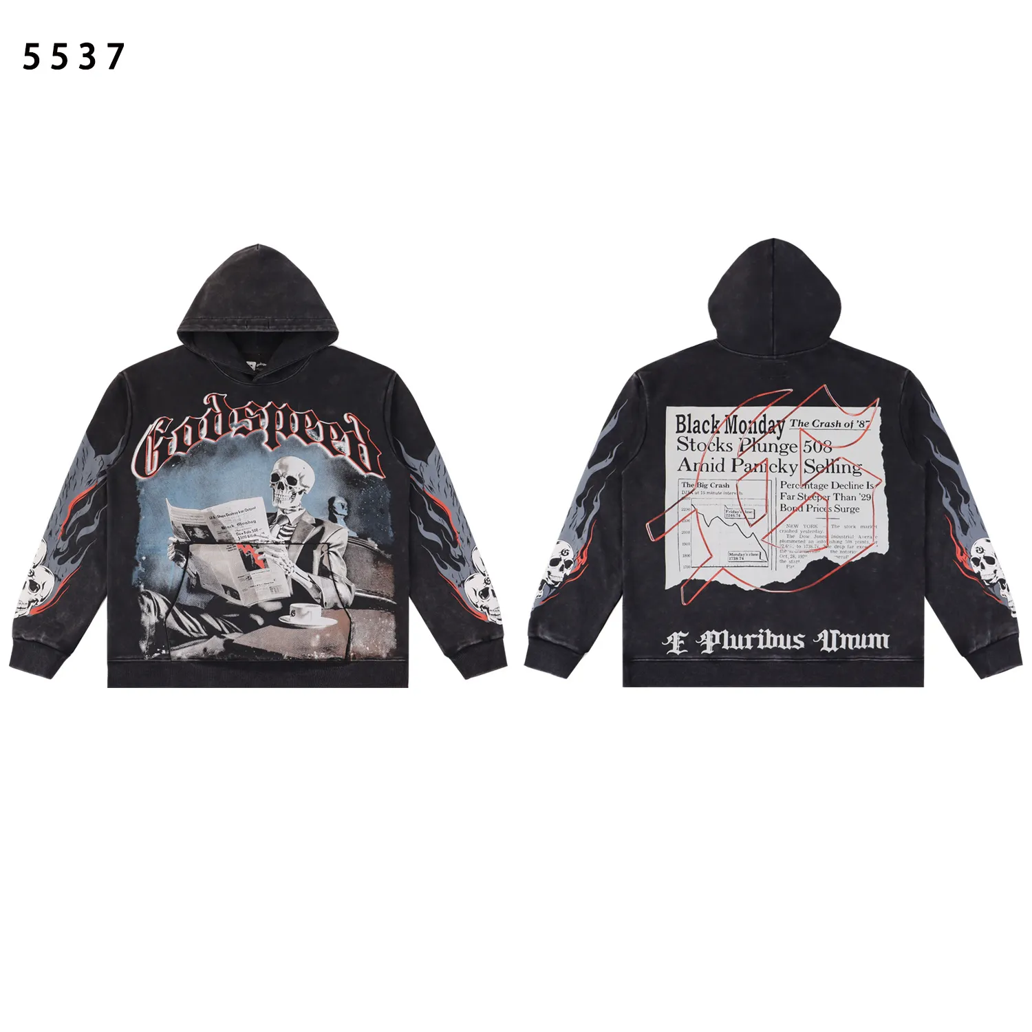 Style number: 5537 Fabric: 420g washed and distressed P196 Real shot Spot Godspeed American fashion rock street retro washed and distressed printed hooded sweatshirt Color: washed black washed red Size: S M L XL