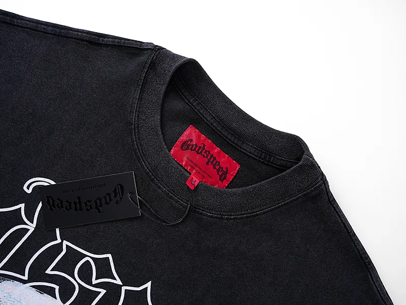 1053# P126 Washed Black Real Shot Godspeed American Fashion Rock Street Retro Washed Distressed Printed Pure Cotton Short Sleeves Fabric: 250g 32 Count Fine Cotton Double Yarn Pure Cotton Color: Washed Black Size: S M L XL