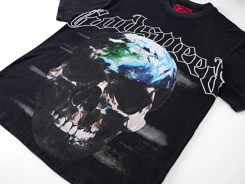 1053# P126 Washed Black Real Shot Godspeed American Fashion Rock Street Retro Washed Distressed Printed Pure Cotton Short Sleeves Fabric: 250g 32 Count Fine Cotton Double Yarn Pure Cotton Color: Washed Black Size: S M L XL