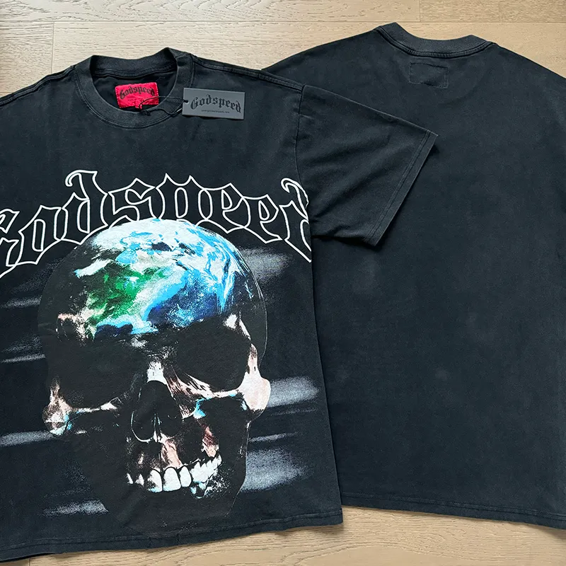1053# P126 Washed Black Real Shot Godspeed American Fashion Rock Street Retro Washed Distressed Printed Pure Cotton Short Sleeves Fabric: 250g 32 Count Fine Cotton Double Yarn Pure Cotton Color: Washed Black Size: S M L XL