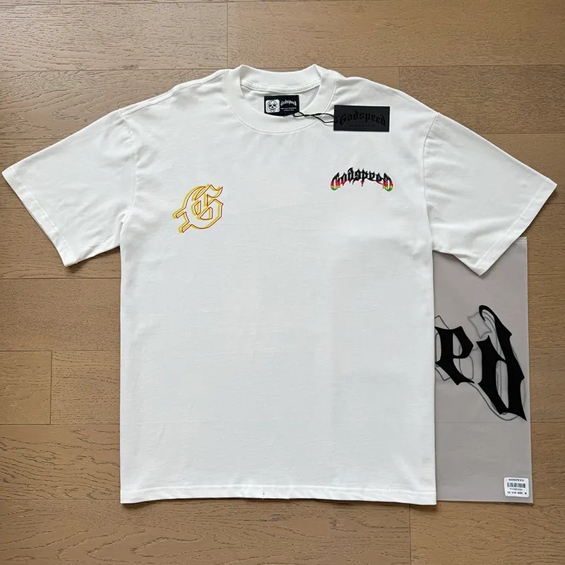 3136# P106 Real shot Godspeed American fashion rock street retro loose printed cotton short sleeves Fabric: 240g 32 count fine cotton double yarn pure cotton Color: off-white Size: S M L XL