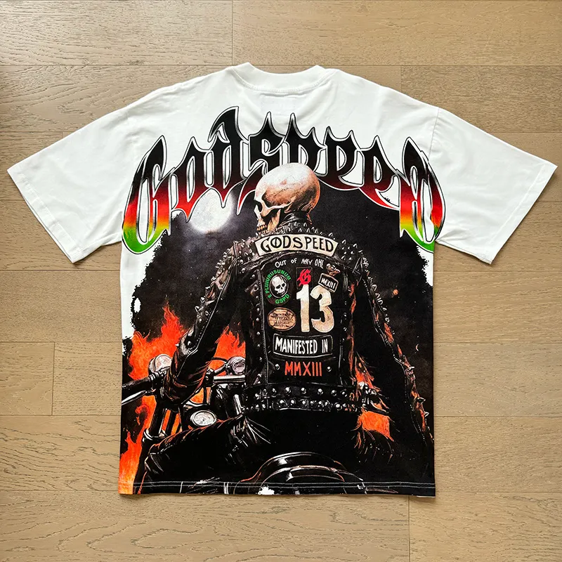 3136# P106 Real shot Godspeed American fashion rock street retro loose printed cotton short sleeves Fabric: 240g 32 count fine cotton double yarn pure cotton Color: off-white Size: S M L XL