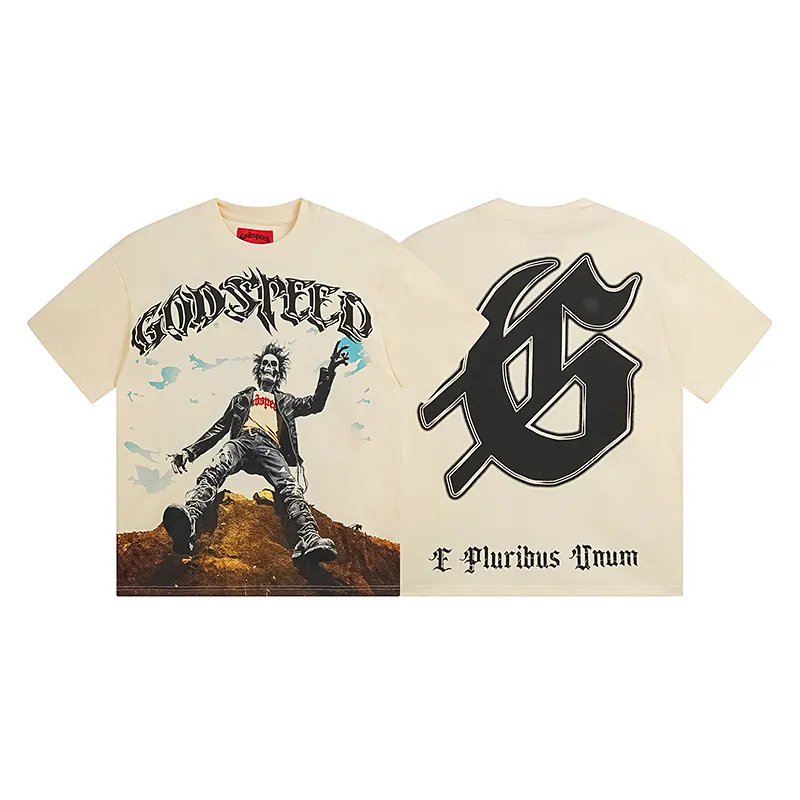 3062# P110 Real shot Godspeed American fashion rock street retro loose printed cotton short sleeves Fabric: 240g 32 count fine cotton double yarn pure cotton Color: apricot Size: S M L XL