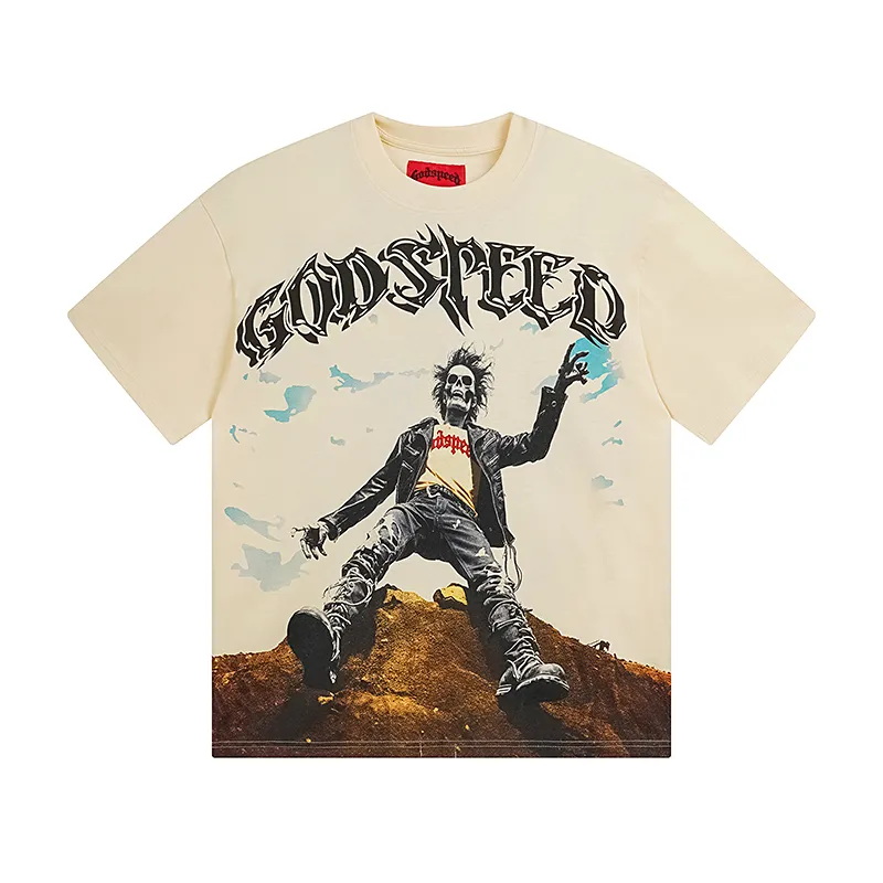 3062# P110 Real shot Godspeed American fashion rock street retro loose printed cotton short sleeves Fabric: 240g 32 count fine cotton double yarn pure cotton Color: apricot Size: S M L XL