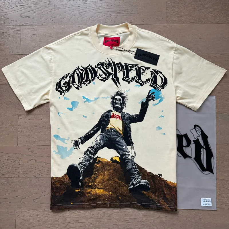 3062# P110 Real shot Godspeed American fashion rock street retro loose printed cotton short sleeves Fabric: 240g 32 count fine cotton double yarn pure cotton Color: apricot Size: S M L XL
