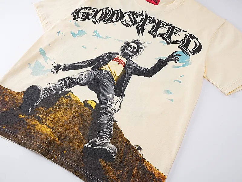 3062# P110 Real shot Godspeed American fashion rock street retro loose printed cotton short sleeves Fabric: 240g 32 count fine cotton double yarn pure cotton Color: apricot Size: S M L XL