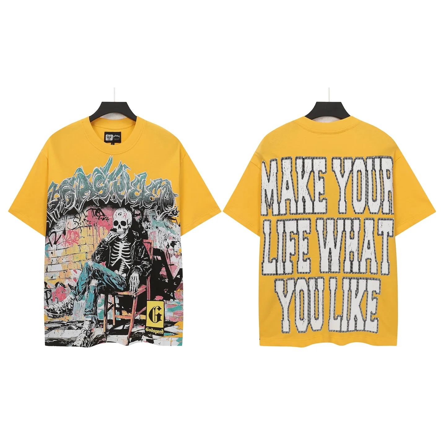 5132# Yellow I P106 Real stock (latest model) Godspeed cross-border American rock and roll street washed retro style short-sleeved T (craft printing) Fabric (fabric): 32 counts combed double yarn 240 grams weight Size (size): S-M-L-XL Color (colour): Yellow