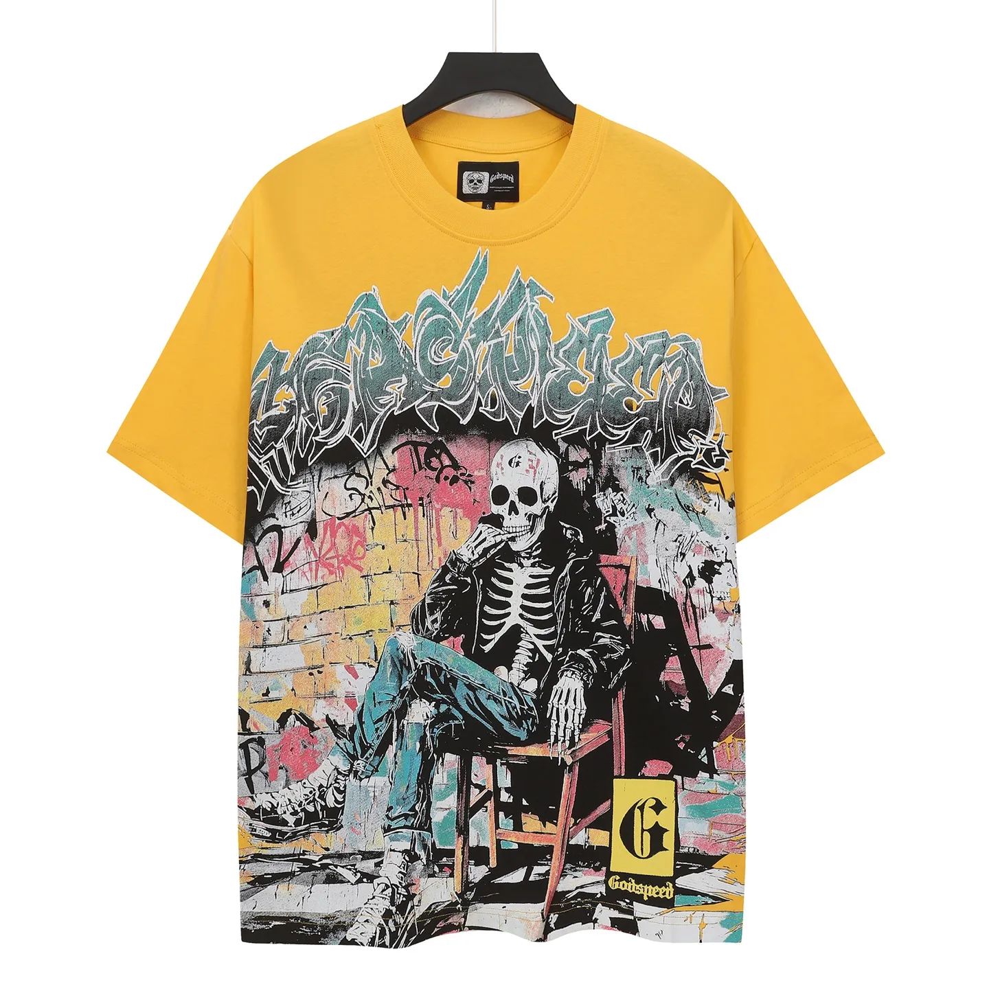 5132# Yellow I P106 Real stock (latest model) Godspeed cross-border American rock and roll street washed retro style short-sleeved T (craft printing) Fabric (fabric): 32 counts combed double yarn 240 grams weight Size (size): S-M-L-XL Color (colour): Yellow