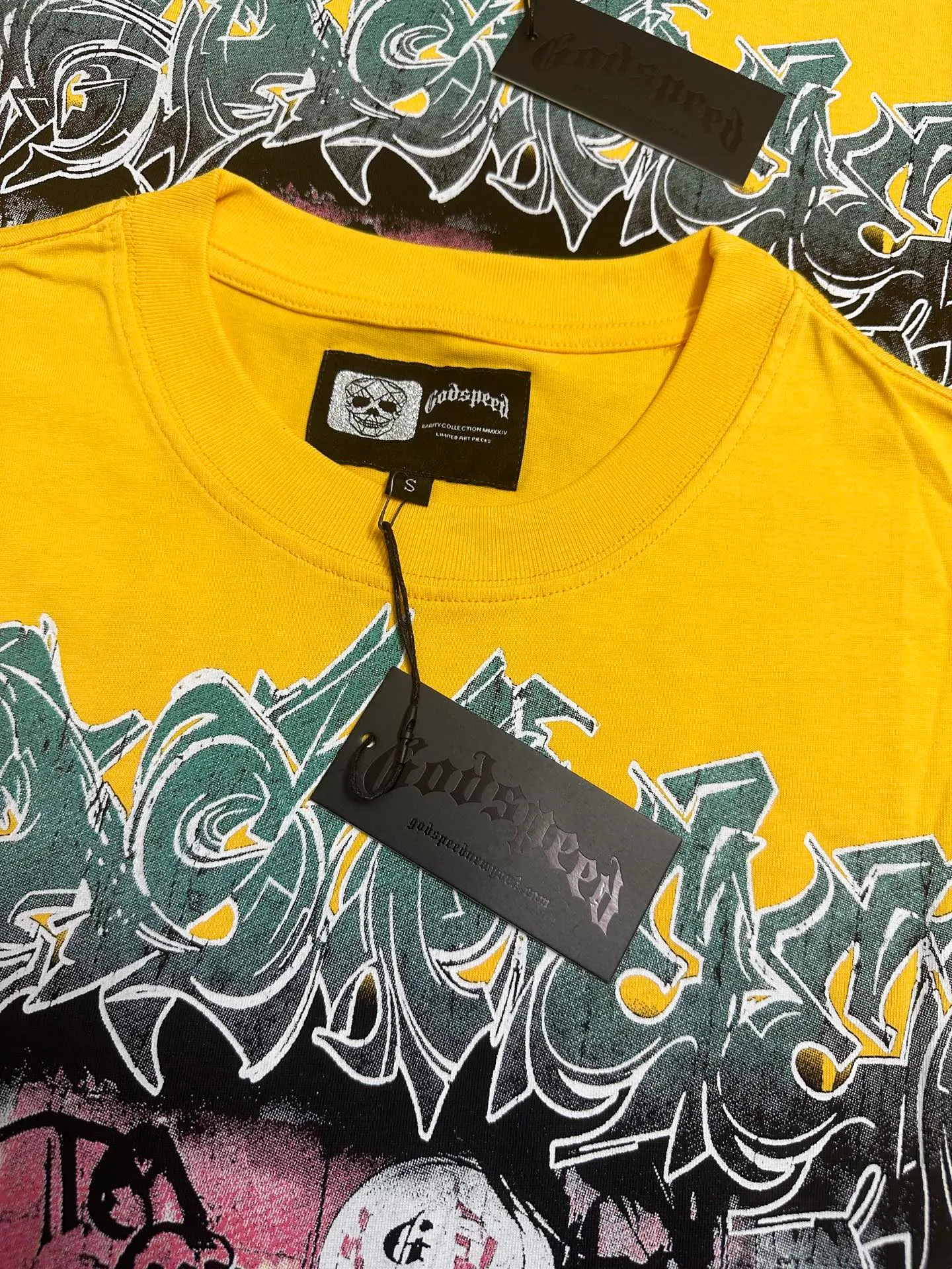 5132# Yellow I P106 Real stock (latest model) Godspeed cross-border American rock and roll street washed retro style short-sleeved T (craft printing) Fabric (fabric): 32 counts combed double yarn 240 grams weight Size (size): S-M-L-XL Color (colour): Yellow
