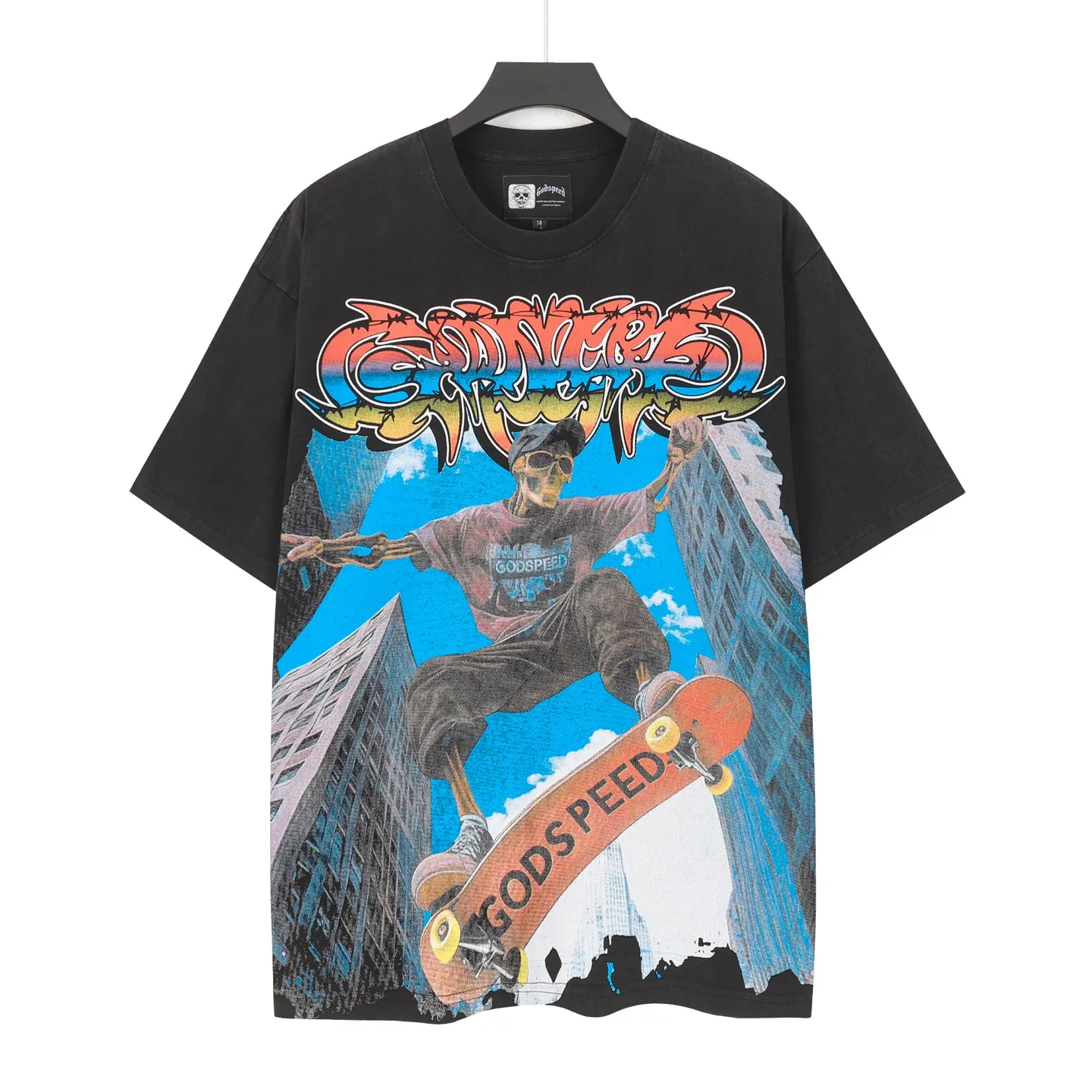 6098# washed black I P116 Godspeed cross-border American rock and roll street washed retro style short-sleeved T (craft printing) fabric (fabric): 32 count combed double yarn 250 grams weight code number (size): S-M-L-XL color (colour): washed black