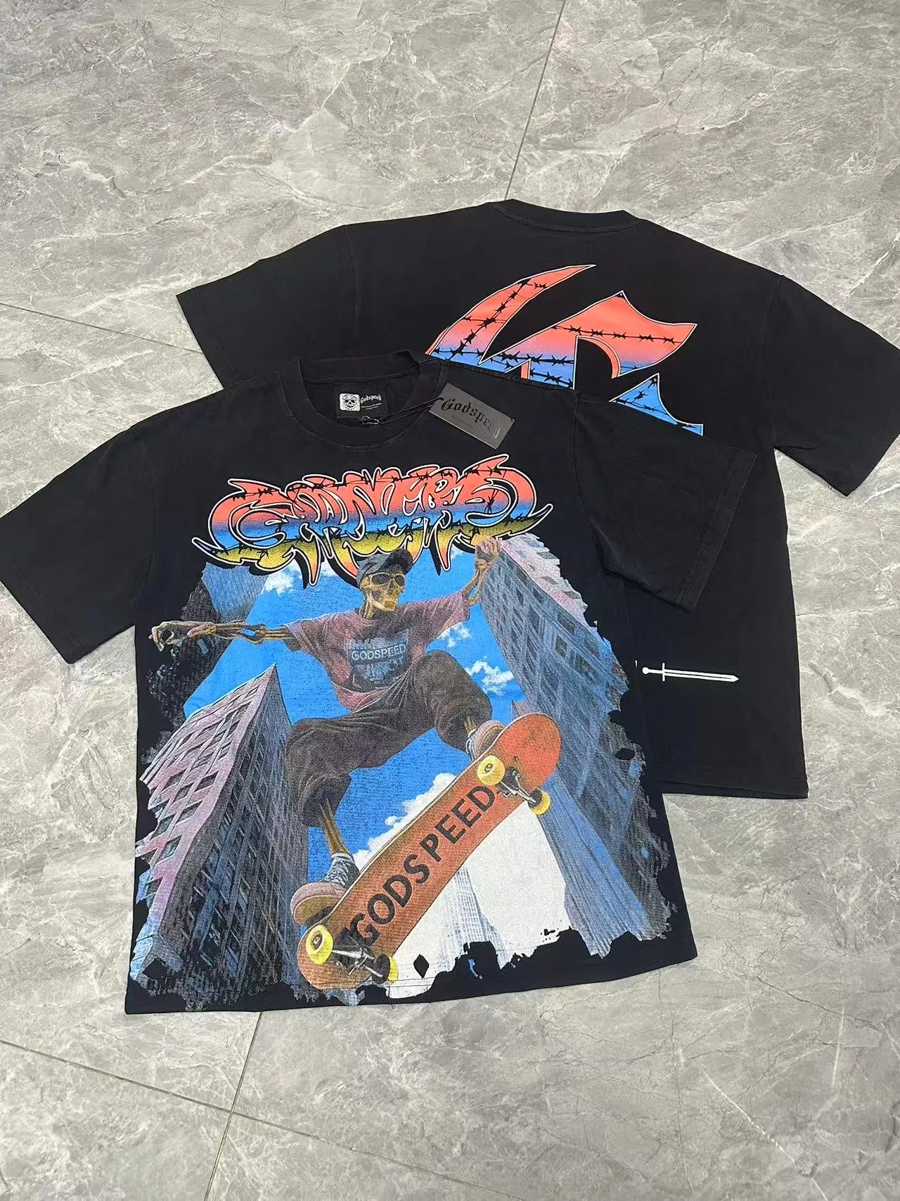 6098# washed black I P116 Godspeed cross-border American rock and roll street washed retro style short-sleeved T (craft printing) fabric (fabric): 32 count combed double yarn 250 grams weight code number (size): S-M-L-XL color (colour): washed black