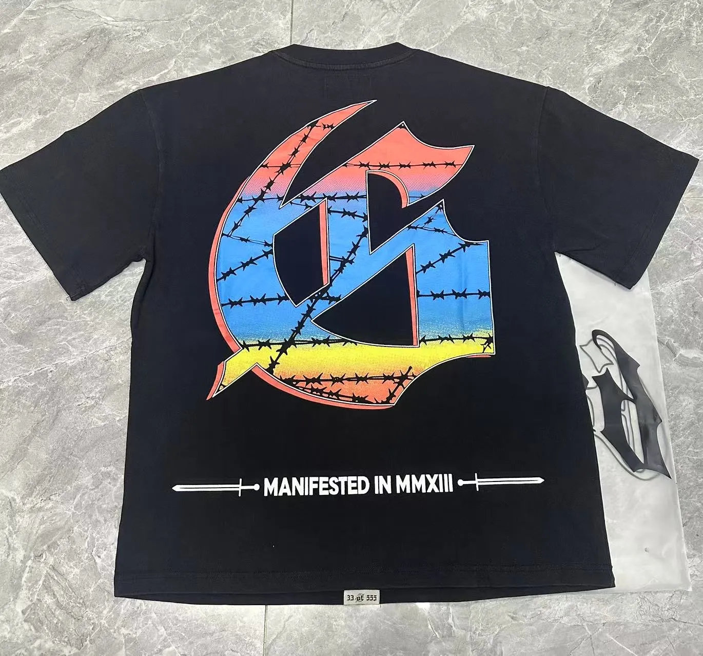 6098# washed black I P116 Godspeed cross-border American rock and roll street washed retro style short-sleeved T (craft printing) fabric (fabric): 32 count combed double yarn 250 grams weight code number (size): S-M-L-XL color (colour): washed black