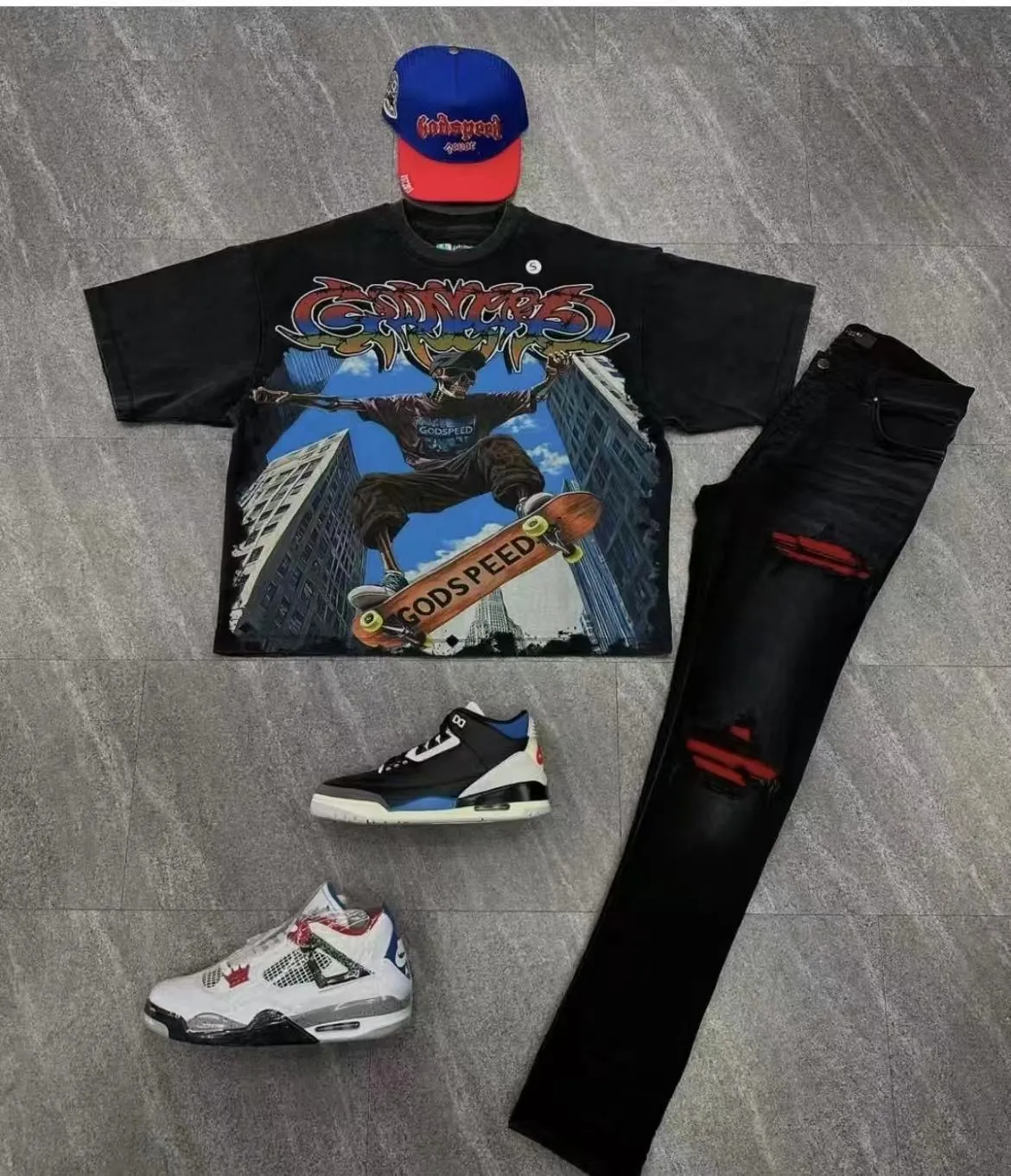 6098# washed black I P116 Godspeed cross-border American rock and roll street washed retro style short-sleeved T (craft printing) fabric (fabric): 32 count combed double yarn 250 grams weight code number (size): S-M-L-XL color (colour): washed black