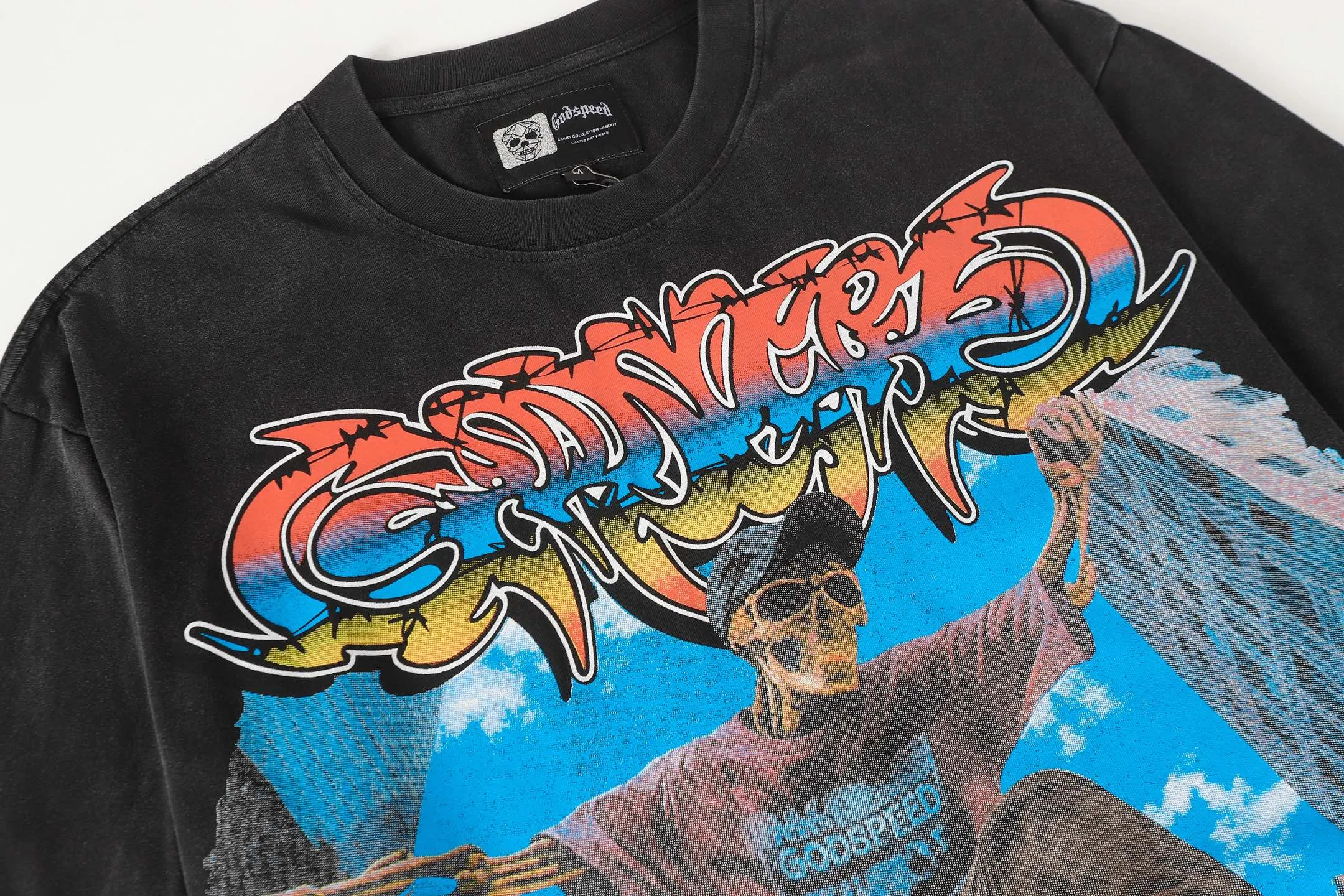 6098# washed black I P116 Godspeed cross-border American rock and roll street washed retro style short-sleeved T (craft printing) fabric (fabric): 32 count combed double yarn 250 grams weight code number (size): S-M-L-XL color (colour): washed black