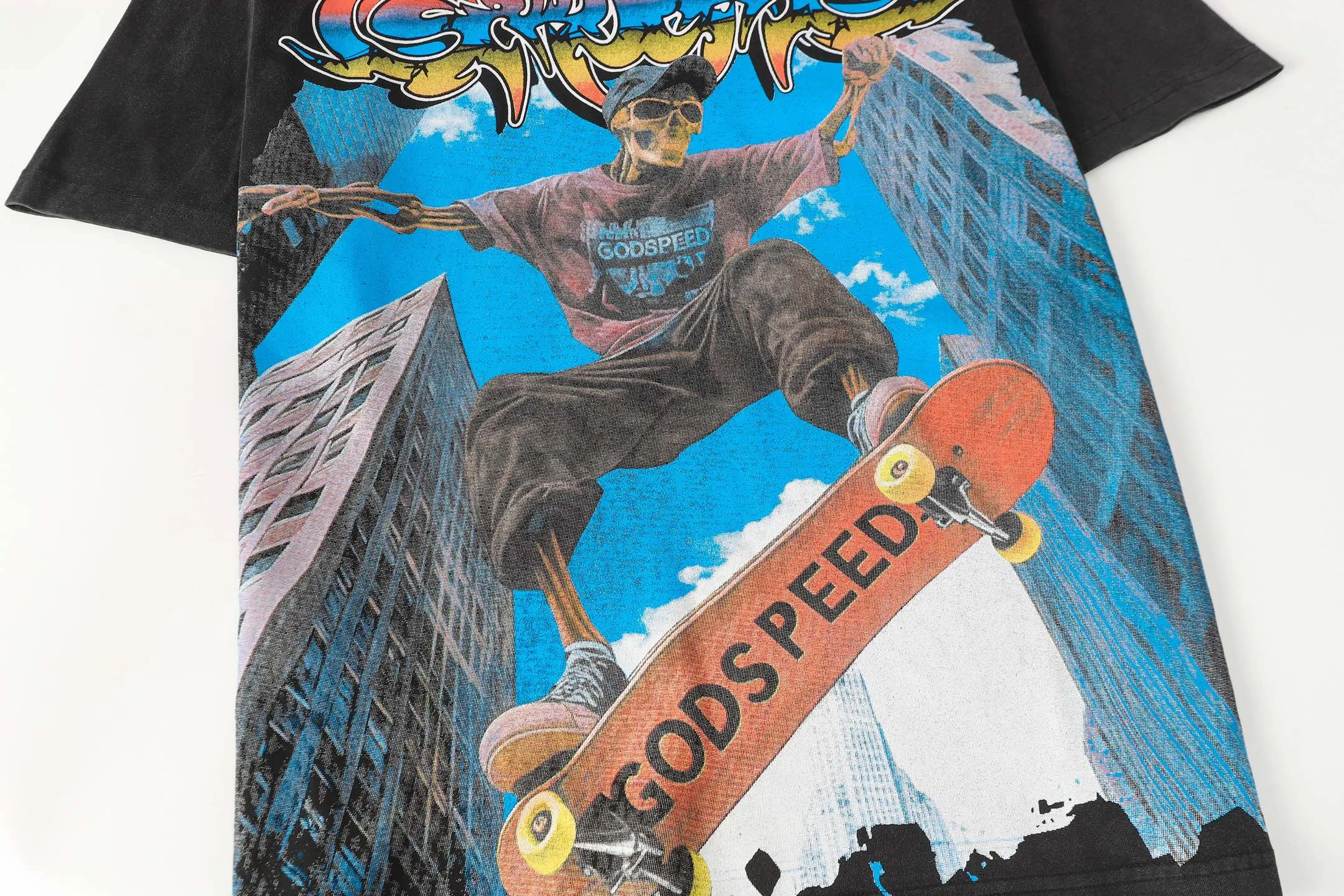 6098# washed black I P116 Godspeed cross-border American rock and roll street washed retro style short-sleeved T (craft printing) fabric (fabric): 32 count combed double yarn 250 grams weight code number (size): S-M-L-XL color (colour): washed black