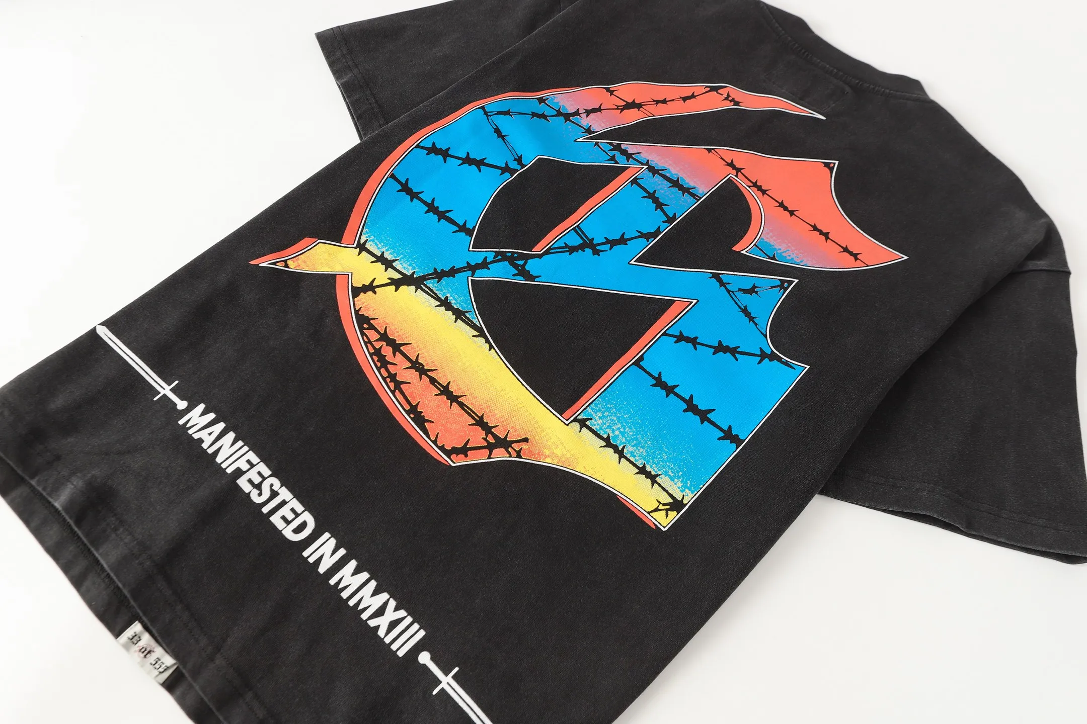 6098# washed black I P116 Godspeed cross-border American rock and roll street washed retro style short-sleeved T (craft printing) fabric (fabric): 32 count combed double yarn 250 grams weight code number (size): S-M-L-XL color (colour): washed black