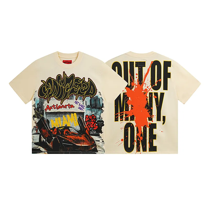 3071# P110 Real shot Godspeed American fashion rock street retro loose printed cotton short sleeves Fabric: 240g 32 count fine cotton double yarn pure cotton Color: apricot Size: S M L XL
