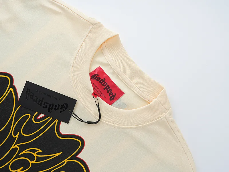 3071# P110 Real shot Godspeed American fashion rock street retro loose printed cotton short sleeves Fabric: 240g 32 count fine cotton double yarn pure cotton Color: apricot Size: S M L XL
