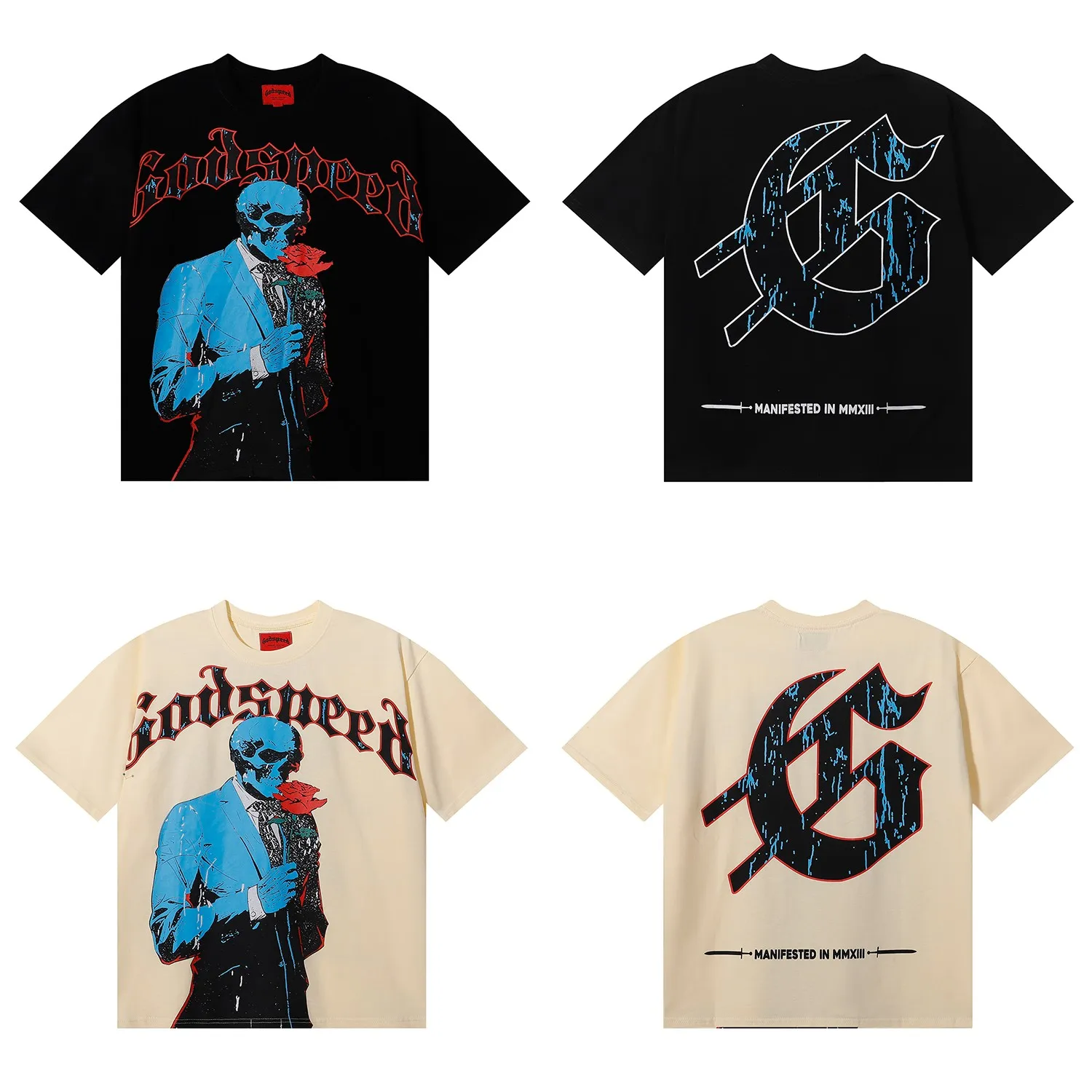No. 7070, American fashion Godspeed skull gentleman rose print high weight double yarn pure cotton casual short-sleeved T-shirt batch 110 Color: black, apricot; Size: S M L XL