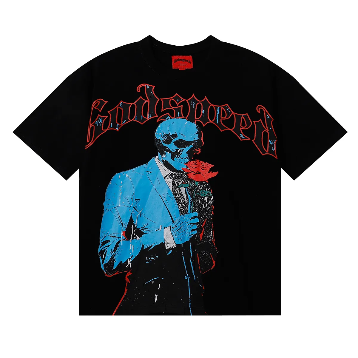 No. 7070, American fashion Godspeed skull gentleman rose print high weight double yarn pure cotton casual short-sleeved T-shirt batch 110 Color: black, apricot; Size: S M L XL