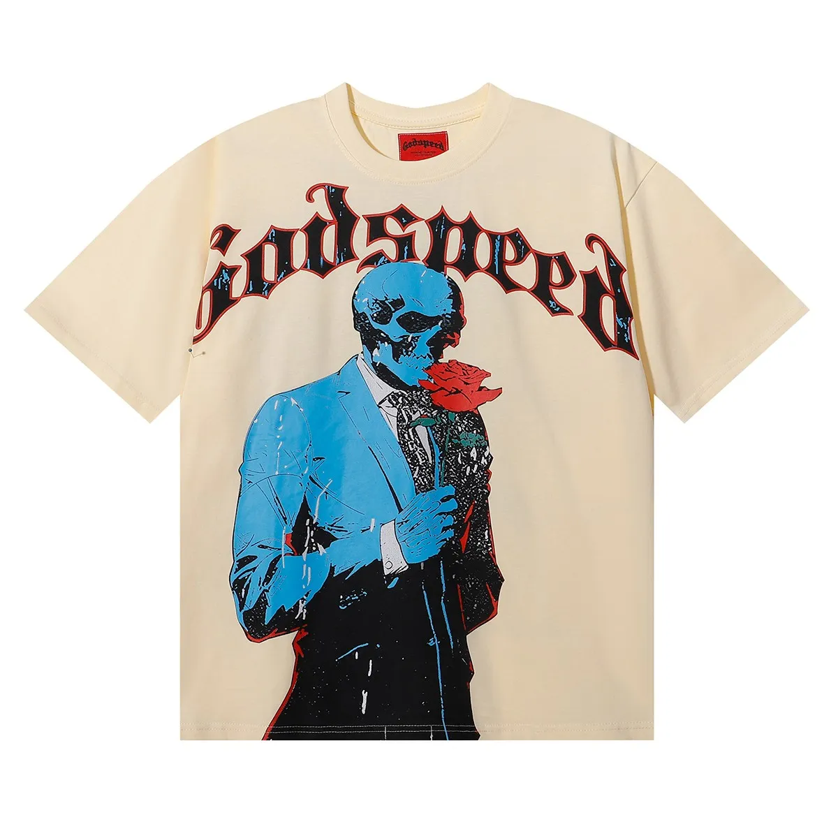 No. 7070, American fashion Godspeed skull gentleman rose print high weight double yarn pure cotton casual short-sleeved T-shirt batch 110 Color: black, apricot; Size: S M L XL