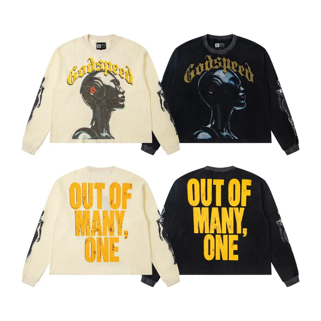 G11# GodSpeed ​​white ink direct spray long-sleeved waffle S-XL washed black P186 apricot P176