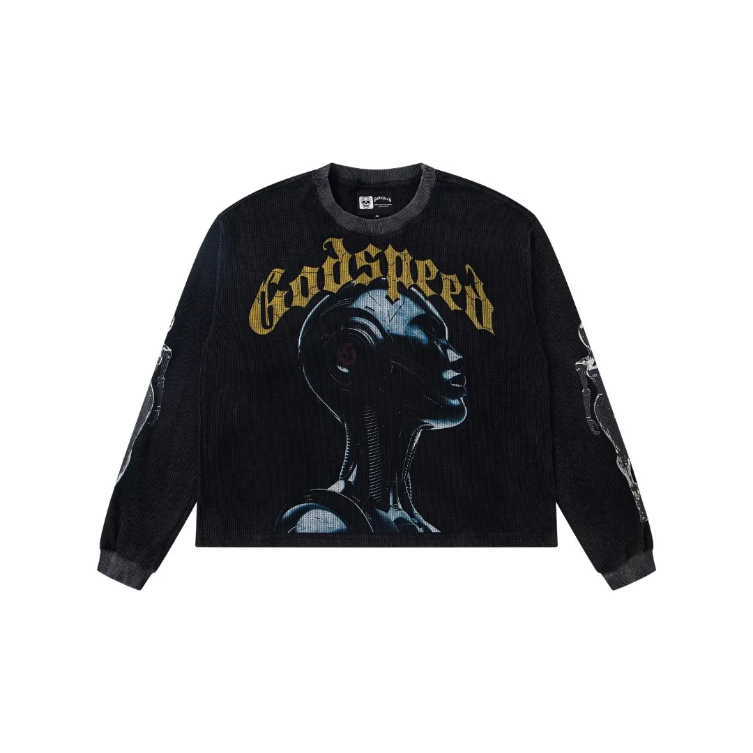 G11# GodSpeed ​​white ink direct spray long-sleeved waffle S-XL washed black P186 apricot P176